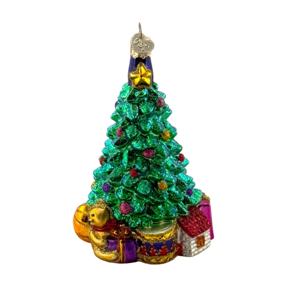 Old World Christmas Morning Blown Glass Green Tree Ornament Toys Glittered EUC